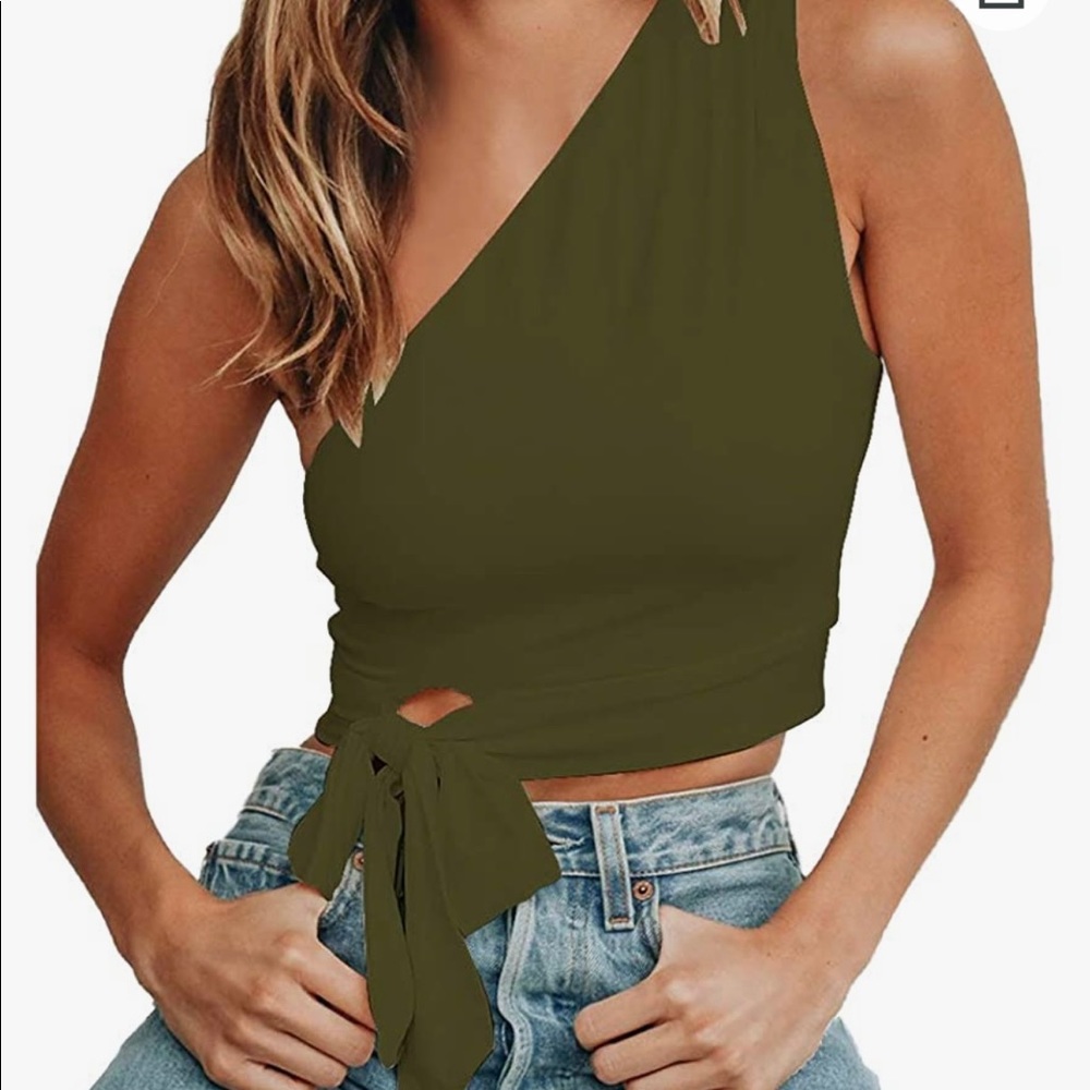 Army green cropped one shoulder top